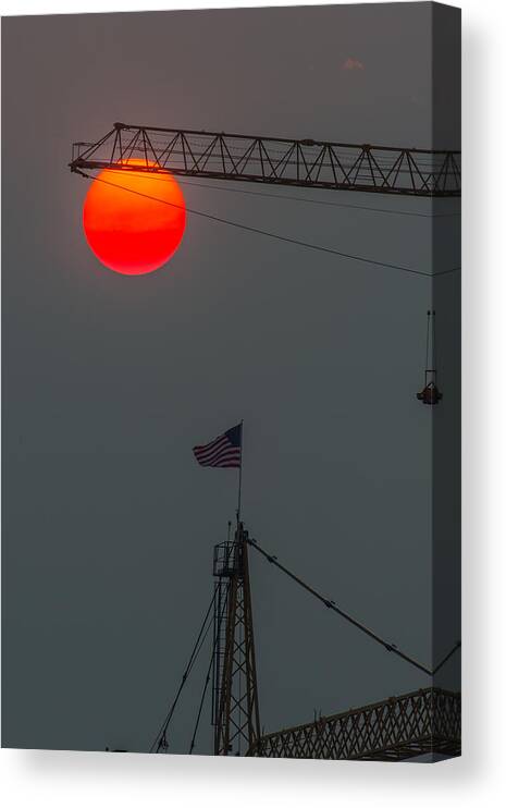 Red Sun Canvas Print featuring the photograph Red Sun with Crane by Hisao Mogi
