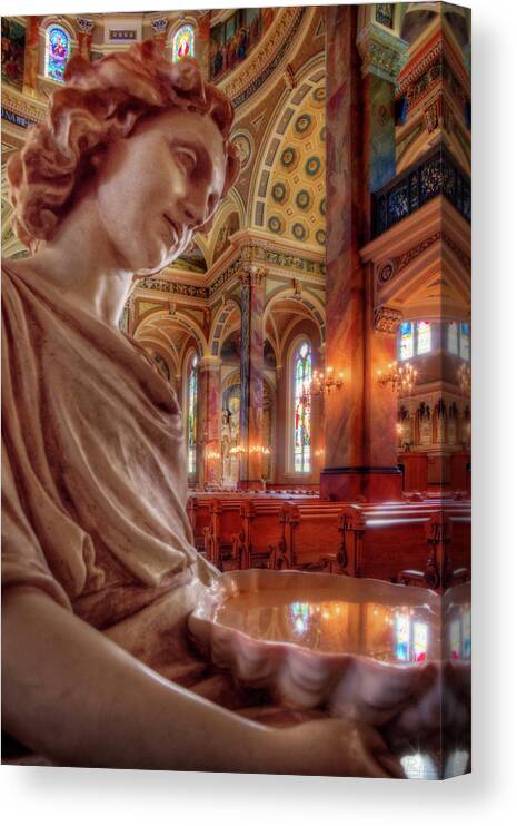 Basilica Josaphat Milwaukee Cathedral Font Holy Water Church Tabernacle Sanctuary Angel Religion Mass Catholic Polish Wi Wisconsin Canvas Print featuring the photograph Reflecting on that which is Holy by Peter Herman