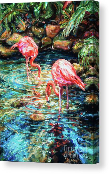 Flamingoes Canvas Print featuring the painting Rock Pond by Linda Olsen