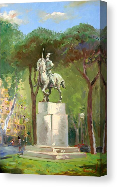 Horseman Statue Portraying The Albanian Hero Canvas Print featuring the painting Rome Piazza Albania by Ylli Haruni
