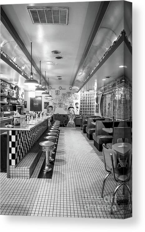 Route 66 Diner; Diner; Classic; Stools; Booths; Memorabilia; Betty Boop; Fountain; Soda Fountain; Malts; Shakes; Burgers; Albuquerque; Nm; New Mexico; Night; Route 66; Rt 66; Black And White; Bw; B&w;mother Road Canvas Print featuring the photograph Route 66 Diner by Imagery by Charly