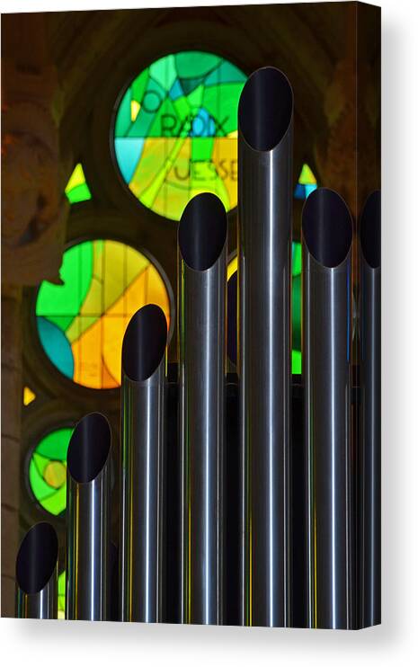 Sagrada Canvas Print featuring the photograph Sagrada Familia Organ Green Stained Glass Windows by Toby McGuire