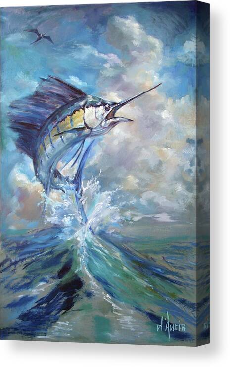 Fish Canvas Print featuring the painting Sailfish and Frigate by Tom Dauria