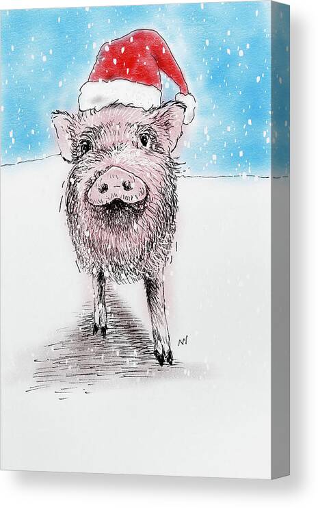 Happy Holidays Canvas Print featuring the mixed media Santa Piggy by AnneMarie Welsh
