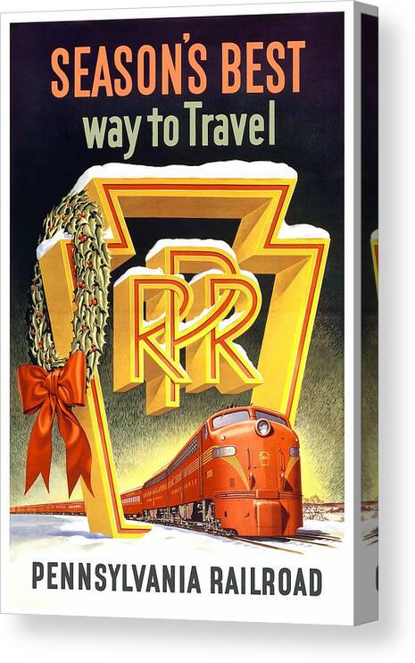 Pennsylvania Canvas Print featuring the mixed media Season's Best Way To Travel, Pennsylvania Railroad - Retro travel Poster - Vintage Poster by Studio Grafiikka