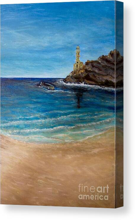 Spanish Looking Lighthouse Built On Rock Located Somewhere In The Mediterranean Small Boat Trying To Come To Shore Blue Skies Overhead With Light Wispy Clouds Turquoise And Cobalt Blue Waters Gentle Waves Lapping This Shore Golden Tan Or Khaki Sand Illuminated Ocean Or Sea Scene Painting With Spiritual Or Religious Verse From Matthew In Desciption Canvas Print featuring the painting Seek a Source of Light Built on a Firm Foundation to Guide You Safely to Shore by Kimberlee Baxter