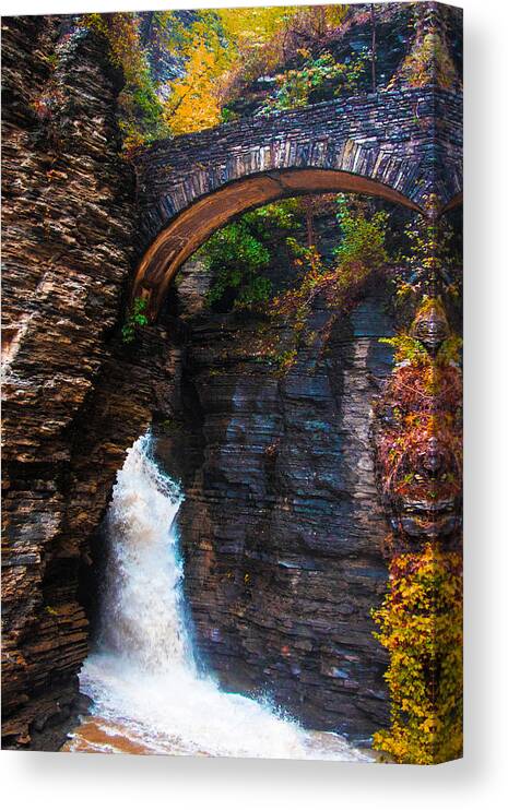 Water Fall Canvas Print featuring the photograph Sentry Bridge of Watkins Glen #1 by Mindy Musick King