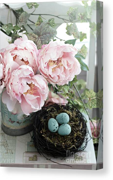 Peony Canvas Print featuring the photograph Shabby Chic Peonies With Bird Nest Robins Eggs - Summer Garden Peonies by Kathy Fornal
