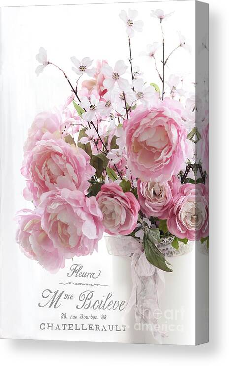 Peonies Canvas Print featuring the photograph Peonies Pink Pastel Peonies With French Script - Paris French Pink Peonies In Vase by Kathy Fornal