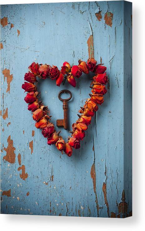 Love Rose Heart Wreath Canvas Print featuring the photograph Small rose heart wreath with key by Garry Gay