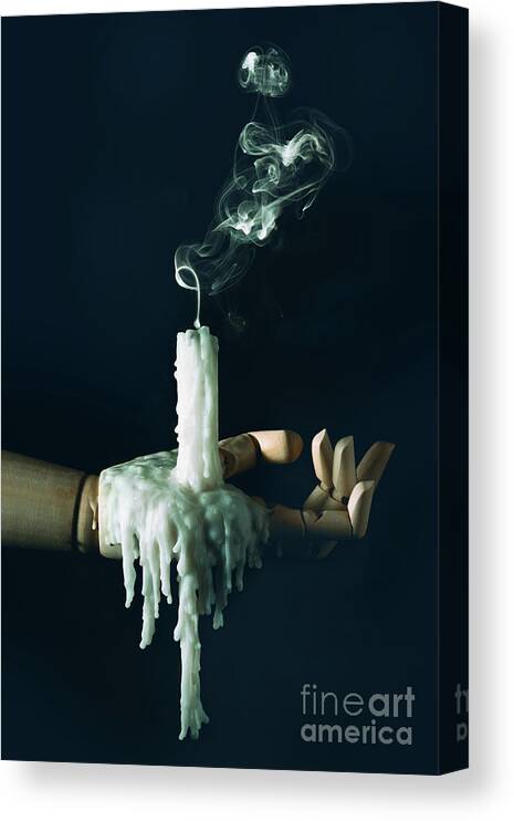 Candle Canvas Print featuring the photograph Smoke Trail From Candle On Wooden Hand by Amanda Elwell