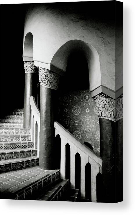Stairs Canvas Print featuring the mixed media Santa Barbara Spiral Stairs- Black and White Photo by Linda Woods by Linda Woods