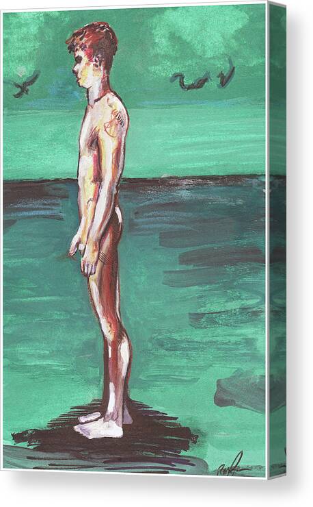 Nude Figure Canvas Print featuring the painting Standig on a Cold Beach with Hesitation by Rene Capone