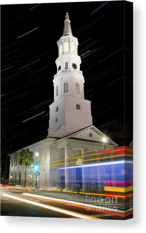 Star Trails Canvas Print featuring the photograph Star Trails over St Michaels Church Charleston SC by Dustin K Ryan