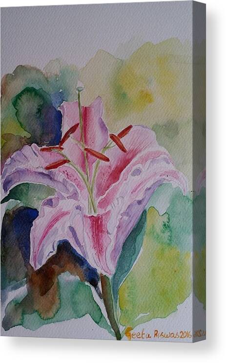 Stargazer Canvas Print featuring the painting Stargazer Lily Watercolor still life gift by Geeta Yerra
