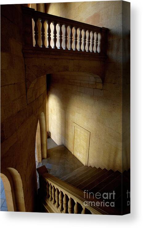 Alhambra Canvas Print featuring the photograph Stone stairwell inside the historic Palace of Charles V at Alhambra by Sami Sarkis