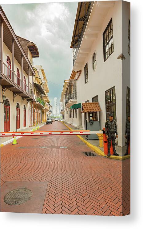 Street Canvas Print featuring the photograph Street to Presidential Palace in Casco Viejo in Panama City by Marek Poplawski