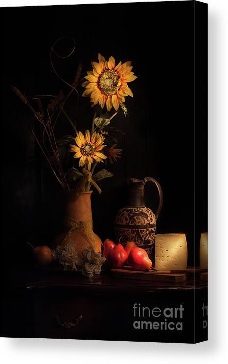 Rustic Canvas Print featuring the photograph Sunflowers Pears And Cheese by Corina Daniela Obertas
