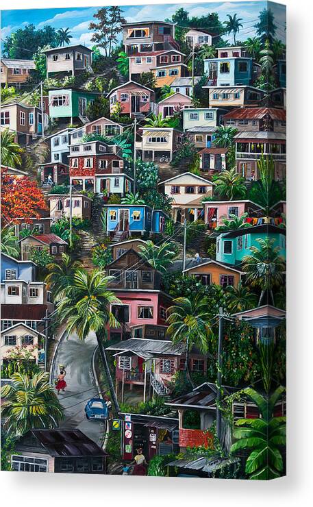  Landscape Painting Cityscape Painting Houses Painting Hill Painting Lavantille Port Of Spain Painting Trinidad And Tobago Painting Caribbean Painting Tropical Painting Caribbean Painting Original Painting Greeting Card Painting Canvas Print featuring the painting THE HILL   Trinidad by Karin Dawn Kelshall- Best