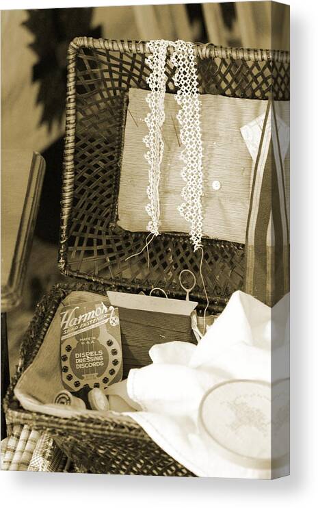 Antique Sewing Box Canvas Print featuring the photograph The Seamstress in Sepia Photograph by Colleen Cornelius