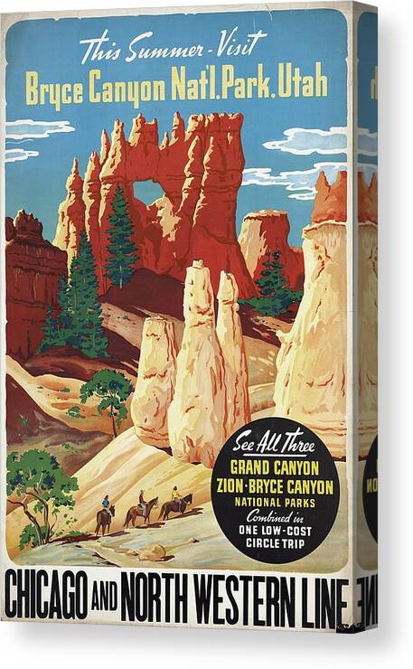 Bryce Canyon Canvas Print featuring the mixed media This Summer - Visit Bryce Canyon National Par, Utah, USA - Retro travel Poster - Vintage Poster by Studio Grafiikka