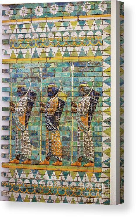 Babil Canvas Print featuring the photograph Three warriors on ancient wall from Babylon by Patricia Hofmeester