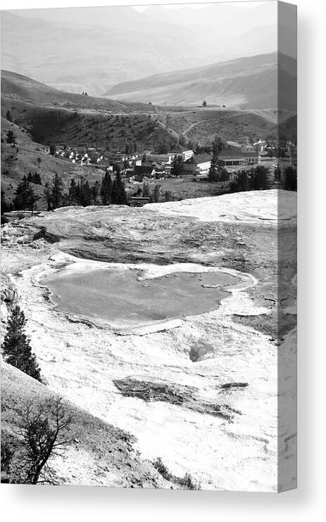 Yellowstone Canvas Print featuring the photograph Travertine Terrace View of Mammoth Hot Springs Village in Yellowstone National Park Black and White by Shawn O'Brien