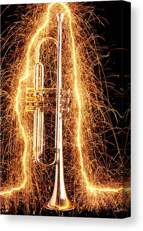 Trumpet Canvas Print featuring the photograph Trumpet outlined with sparks by Garry Gay