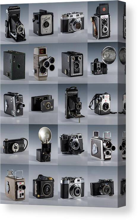 Old Camera Canvas Print featuring the photograph Twenty Old Cameras - Color by Art Whitton