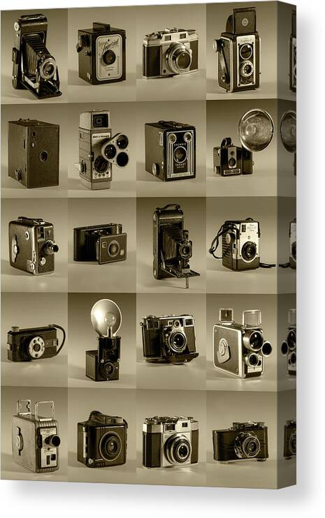 Old Camera Canvas Print featuring the photograph Twenty Old Cameras - Sepia by Art Whitton