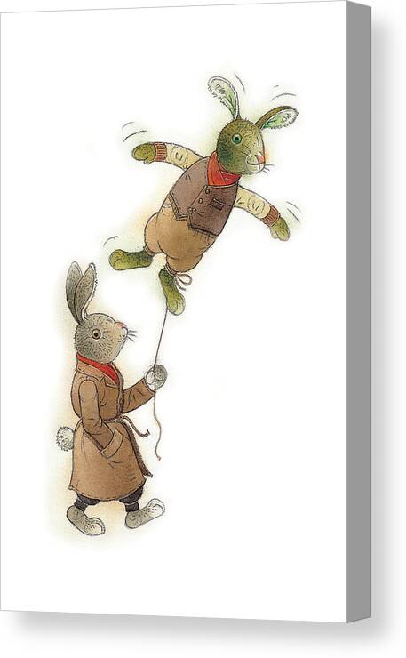Rabbit Animals Flying Green Spring Canvas Print featuring the painting Two Rabbits 02 by Kestutis Kasparavicius