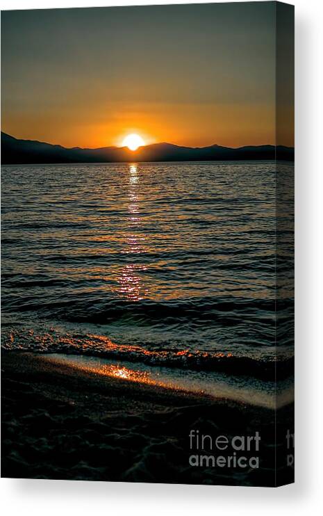 Sunset; Waves; Lake; Orange; Yellow; Blue; Mountains; Alpine; Boats; Reflection; Joe Lach Canvas Print featuring the photograph Vertical Sunset Lake by Joe Lach