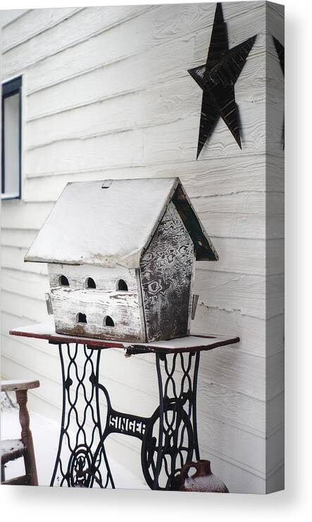 Old Martin Birdhouse Canvas Print featuring the photograph Vintage Martin Birdhouse In The Snow by Suzanne Powers