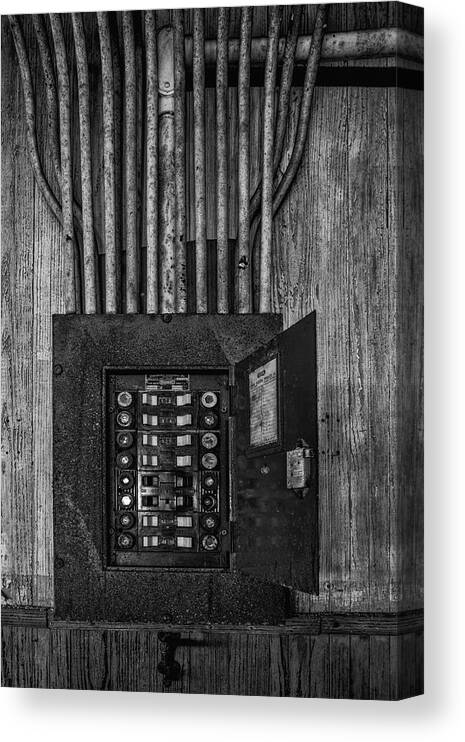 Electrician Canvas Print featuring the photograph Vintage Electric Panel BW by Susan Candelario