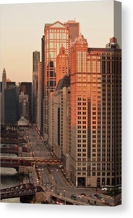 Chicago Canvas Print featuring the photograph Wacker Drive Sunset Chicago by Steve Gadomski