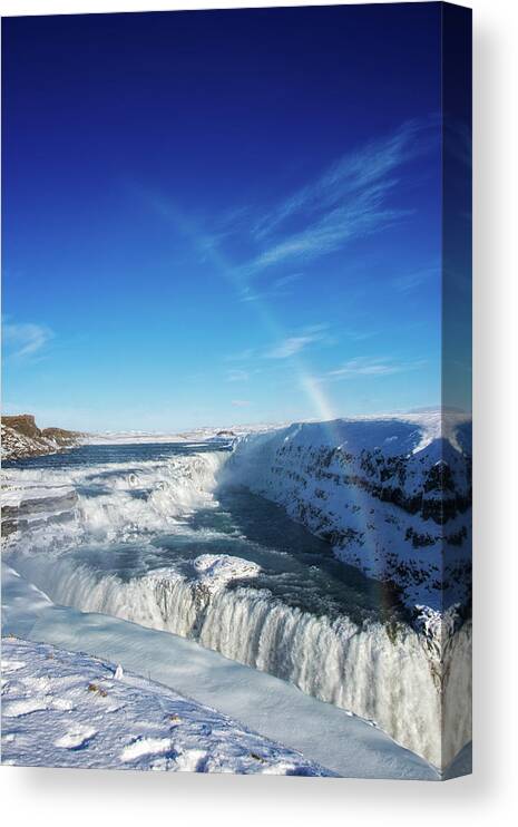 Gullfoss Canvas Print featuring the photograph Waterfall Gullfoss in winter Iceland Europe by Matthias Hauser