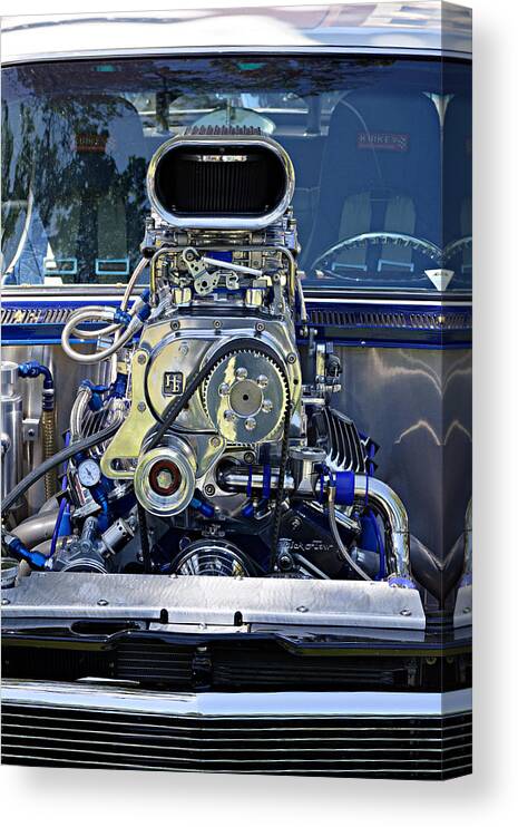 Industrial Art Canvas Print featuring the photograph Well Blow Me Down -- Blower on a 1961 Buick at the Golden State Classic Car Show, Paso Robles CA by Darin Volpe