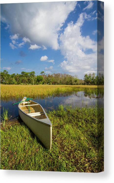 Boats Canvas Print featuring the photograph White Canoe in the Glades by Debra and Dave Vanderlaan