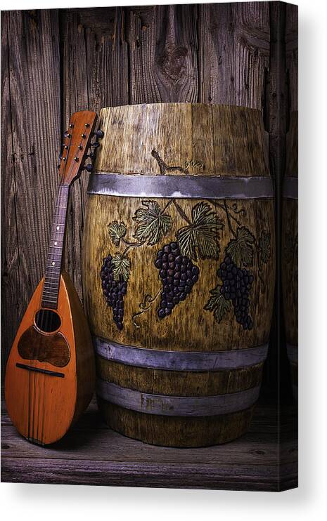 French Canvas Print featuring the photograph Wine Barrel With Mandolin by Garry Gay