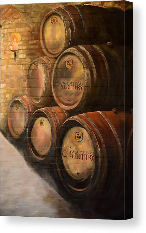 Hungarian Wine Barrels Canvas Print featuring the painting Wine in the Barrels - Chateau Meichtry by Jan Dappen