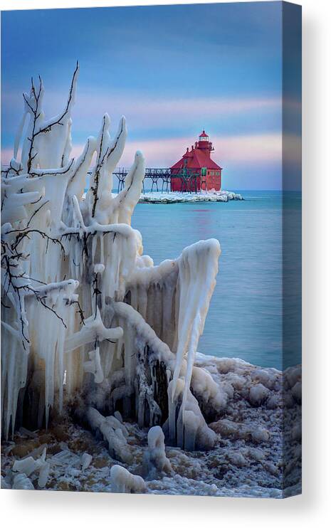 #wisconsin #outdoor #fineart #landscape #photograph #wisconsinbeauty #doorcounty #doorcountybeauty #sony #canonfdglass #beautyofnature #history #metalman #passionformonotone #homeandofficedecor #streamingmedia #lighthouse #sunset #icecovered #encrusted #lakemichigan #catwalk Clouds #shipping #calm Canvas Print featuring the photograph Winter Lighthouse by David Heilman
