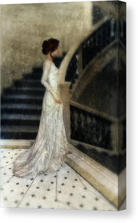 Woman Canvas Print featuring the photograph Woman in Lace Gown on Staircase by Jill Battaglia
