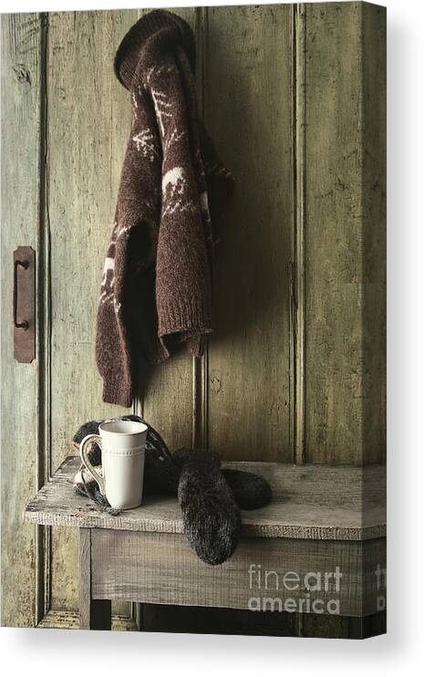 Beverage Canvas Print featuring the photograph Wool sweater with coffee mug on gray bench by Sandra Cunningham