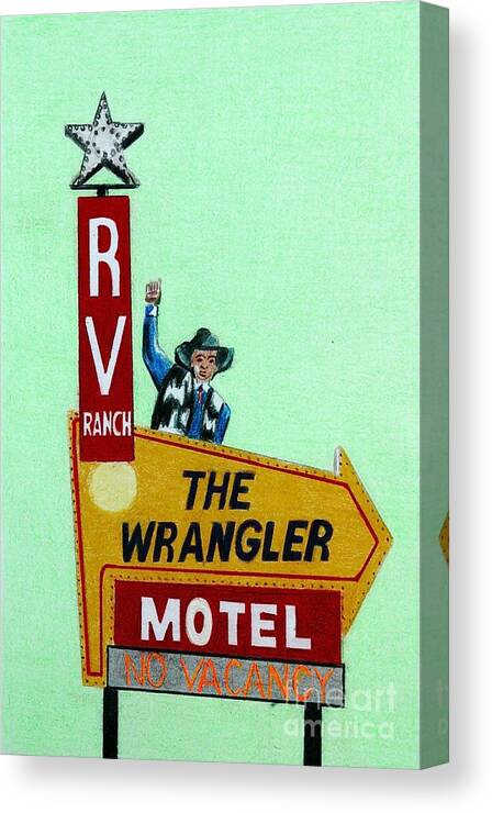 Vintage Canvas Print featuring the drawing Wrangler Motel by Glenda Zuckerman