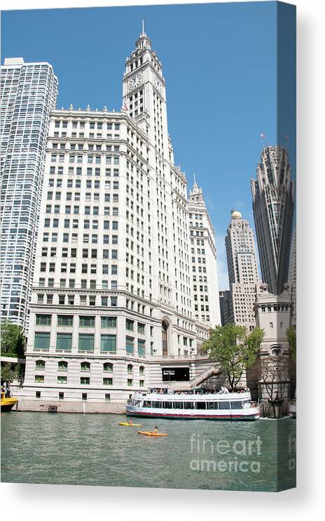 Boats Canvas Print featuring the photograph Wrigley Building Overlooking the Chicago River by David Levin