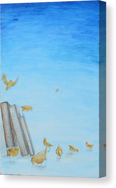 Canaries Canvas Print featuring the painting Yellow Birds in the Blue3 by Nik Helbig