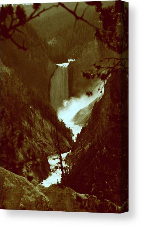 Yellowstone National Park Canvas Print featuring the photograph Yellowstone Park August At Artist Point Lower Falls Vintage by Thomas Woolworth