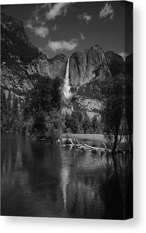 Yosemite Falls From Swinging Bridge Canvas Print featuring the photograph Yosemite Falls from Swinging Bridge in Black and White by Raymond Salani III