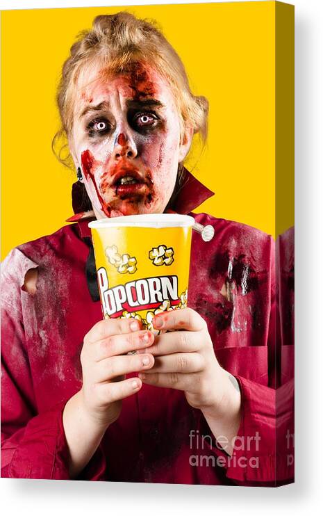Scary Canvas Print featuring the photograph Zombie woman watching scary movie with popcorn by Jorgo Photography