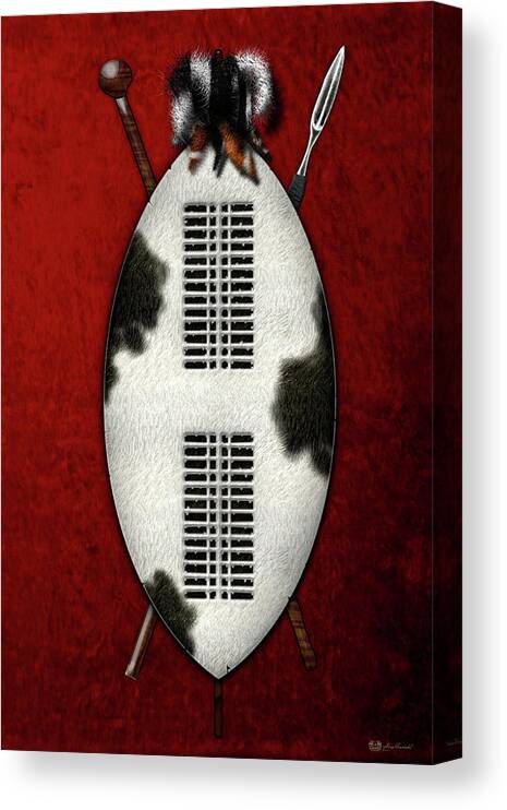 'war Shields' Collection By Serge Averbukh Canvas Print featuring the digital art Zulu War Shield with Spear and Club on Red Velvet by Serge Averbukh